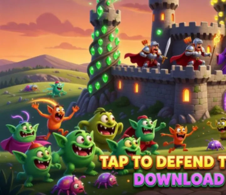 Fantasy kastély védelme tornyokkal és hősökkel a Kingdom Rush világára emlékeztető stílusban