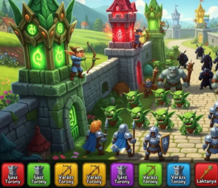 Áttekintő kép a Kingdom Rush toronyvédelmi pályájáról