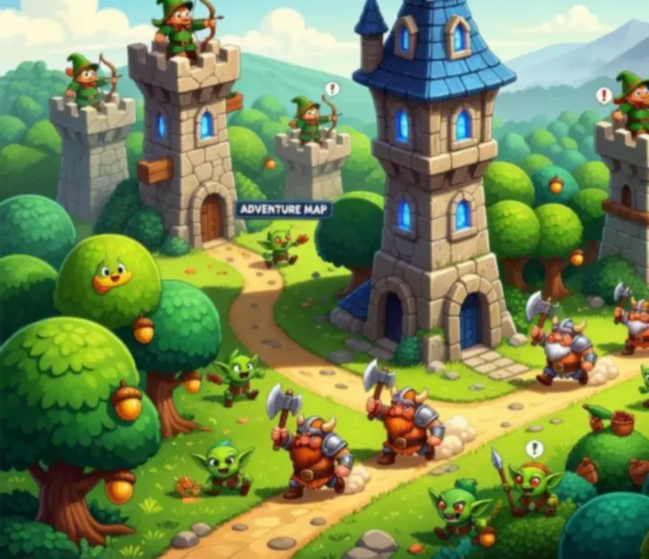 Színes, rajzfilmszerű fantasy pálya a Kingdom Rush-ból