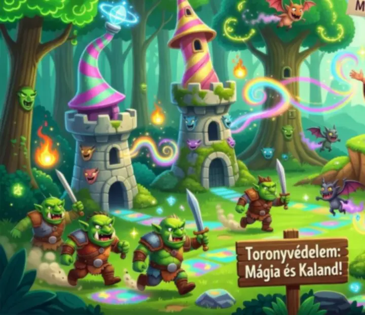 Rajzfilmszerű fantasy világ várak és tornyokkal