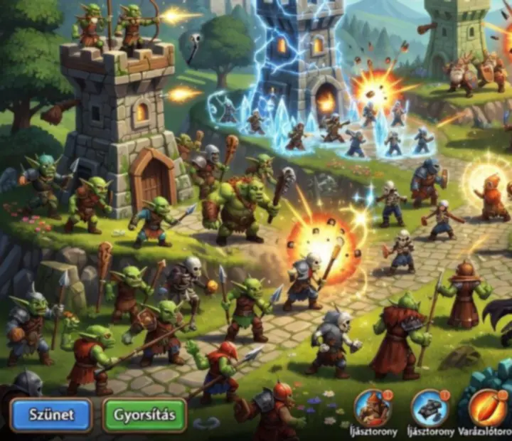 Intenzív csata a Kingdom Rush egyik pályáján, több toronnyal és ellenséges egységgel