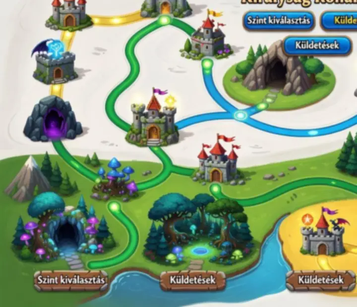 Kampánytérkép a Kingdom Rushban, különböző pályákkal Linirea királyságában