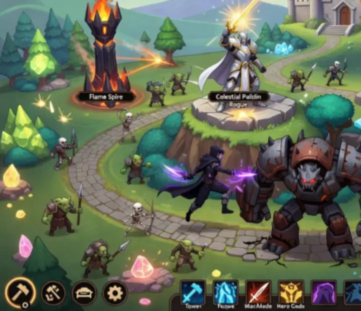 Mobilképernyőn látható Kingdom Rush pálya tornyokkal és ellenségek hullámával