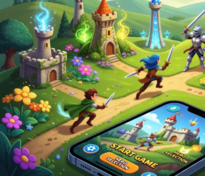 Kingdom Rush mobiljáték csatajelenet tornyokkal és hősökkel