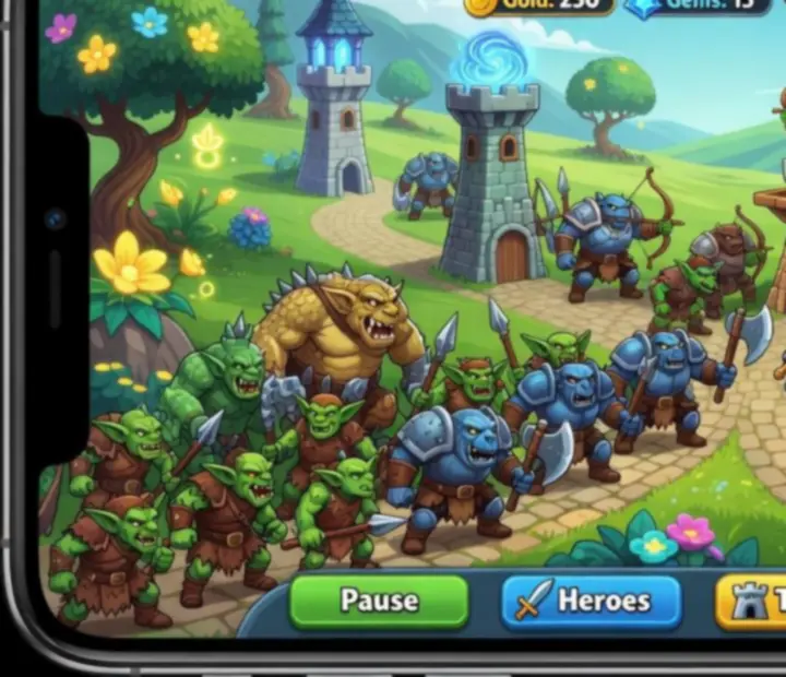 Kingdom Rush játékmenet – pálya tornyokkal és ellenséghullámokkal