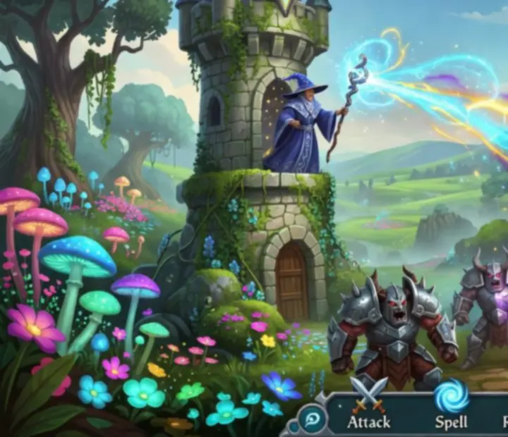 Mágustorony erős varázslattal támad páncélozott ellenfelekre egy Kingdom Rush pályán
