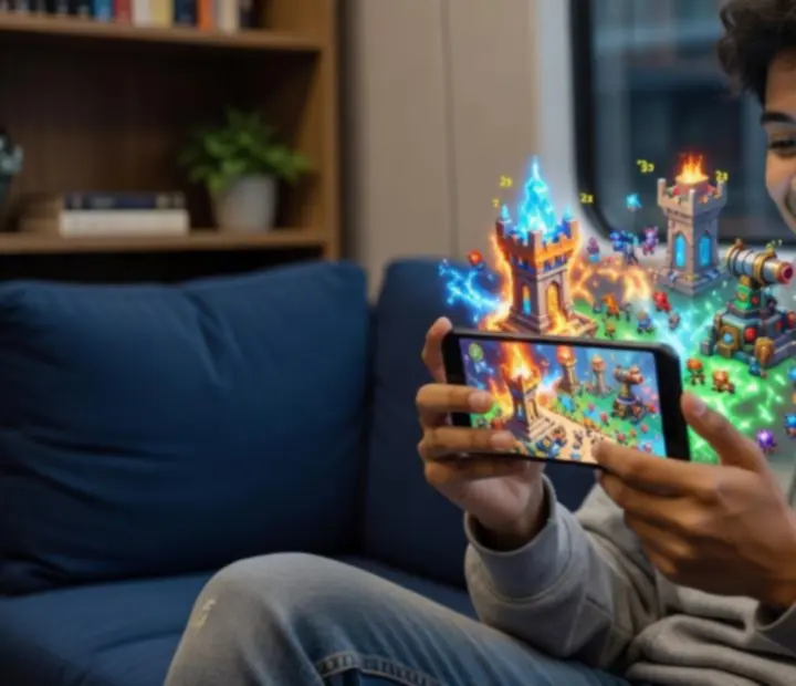Mobilon játszó játékos színes, rajzfilmszerű környezetben