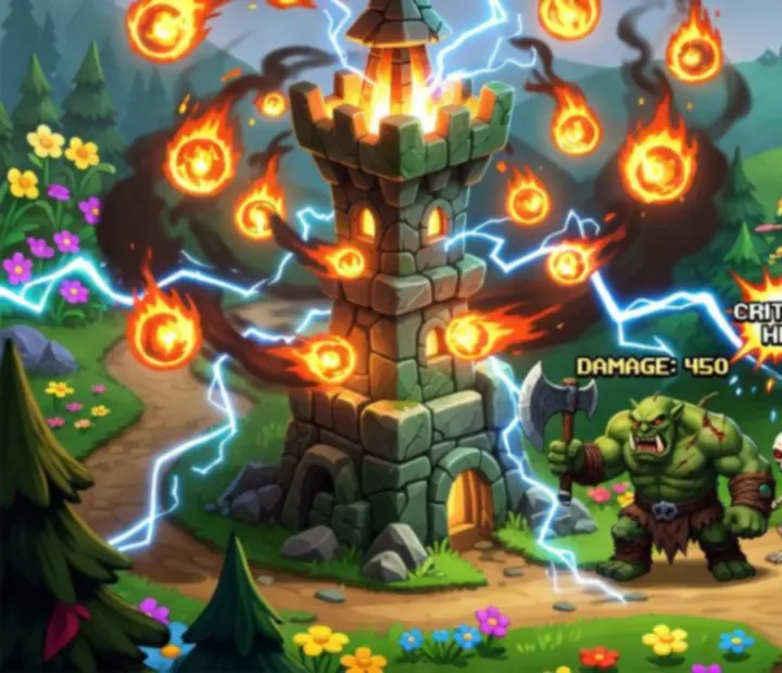 Illusztráció Kingdom Rush tornyok speciális képességeiről fantasy pályán