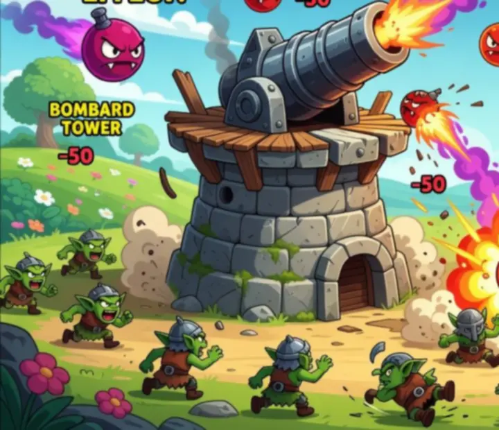 Ágyús torony robbanásokat idéz elő Kingdom Rush pályán, sok ellenfelet talál el egyszerre